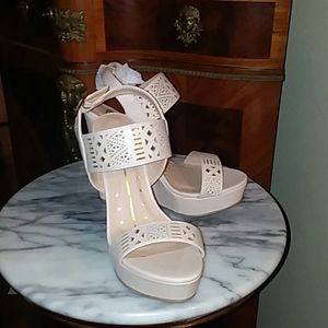 NIB! 5.3 inch nude wedge w/ ankle strap and gold tone